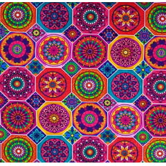 Tecido Tricoline Digital Mandalas Coloridas em Geométricos