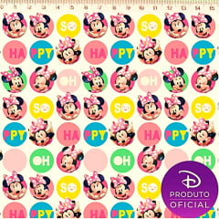 Tecido Tricoline Digital Minnie Happy em Círculos - Fundo Branco - Coleção Disney Digital 