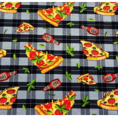 Tecido Tricoline Digital Pizzas e Ketchups - Fundo Xadrez Preto