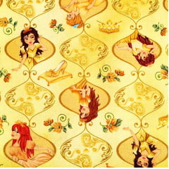 Tecido Tricoline Digital Princesas Arabesco Dourada - Fundo Poeira Amarelo