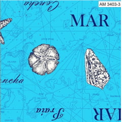 Tecido Tricoline - Estrela do Mar e Conchas - Coleção Areia e Mar - Fundo Azul