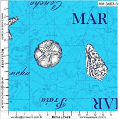 Tecido Tricoline - Estrela do Mar e Conchas - Coleção Areia e Mar - Fundo Azul