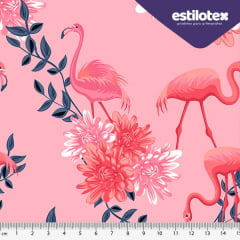 Tecido Tricoline Flamingo e Flores - Fundo Rosa