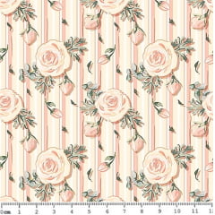 Tecido Tricoline Digital Floral Botão de Rosas - Fundo Bege Listrado 