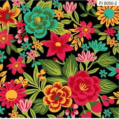 Tecido Tricoline - Floral - Coleção Fiesta - Fundo Preto
