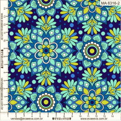 Tecido Tricoline Floral Mandala Azul - Fundo Azul Marinho - Coleção Mandalay