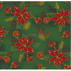 Tecido Tricoline Floral Poinsétia - Fundo Verde - Coleção Natal Gold