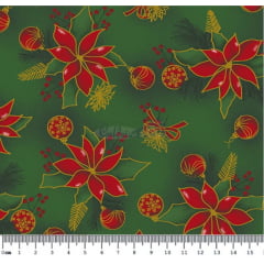 Tecido Tricoline Floral Poinsétia - Fundo Verde - Coleção Natal Gold