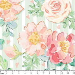 Tecido Tricoline Digital Floral Rosas - Fundo Verde Listrado 