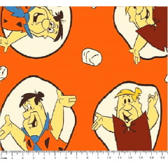 Tecido Tricoline Fred e Barney - Fundo Laranja - Os Flintstones - Coleção Warner Bros