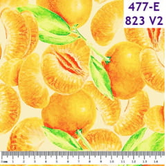 Tecido Tricoline Fruta Tangerina - Fundo Amarelo Claro
