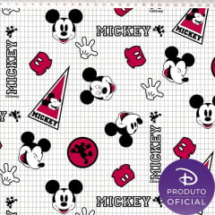 Tecido Tricoline Mickey Mouse - Fundo Quadriculado Branco - Disney