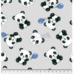 Tecido Tricoline Pandas Azul - Fundo  Cinza com Micro Poá Branco