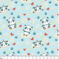 Tecido Tricoline Pandas - Fundo Azul Bebê 