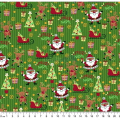 Tecido Tricoline Papai Noel e Árvore de Natal - Fundo Listrado Verde - Coleção Natal Gold