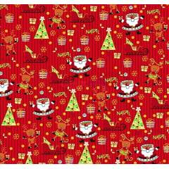 Tecido Tricoline Papai Noel e Árvore de Natal - Fundo Listrado Vermelho - Coleção Natal Gold 