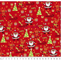 Tecido Tricoline Papai Noel e Árvore de Natal - Fundo Listrado Vermelho - Coleção Natal Gold 