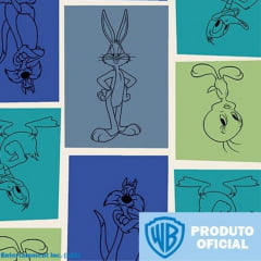 Tecido Tricoline  Piu-Piu, Pernalonga, Patolino e Frajola Quadriculado - Fundo Azul e Verde - Coleção Warner Bros 