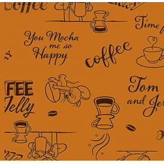 Tecido Tricoline Tom e Jerry - Coffee - Fundo Ferrugem - Coleção Warner Bros