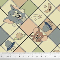 Tecido Tricoline Tom e Jerry Quadriculado - Fundo Bege - Coleção Warner Bros