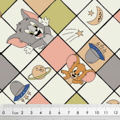 Tecido Tricoline Tom e Jerry Quadriculado - Fundo Branco - Coleção Warner Bros